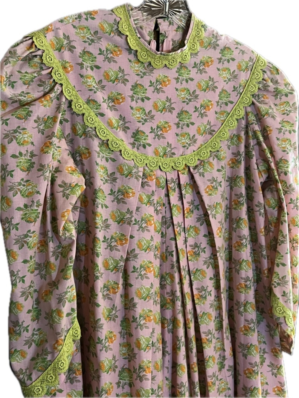 Bete Inc x Liberty House Muumuu Pink Floral Prairie Dress with Lime Lace Trim
